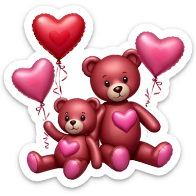 maroon love letter, three metallic pink heart-shaped balloons and red kisses and love teddy bear sticker