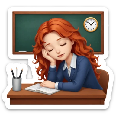 Pretty white model, brown eyes, soft long red wavy hair, falling asleep at desk sticker