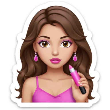 girl with long wavy brown hair, brown eyes, light to medium complexion, in a pink sexy top, pink lips, long lashes, puckered lips, what ever sticker