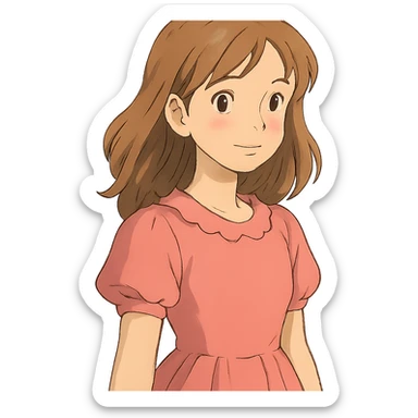 pretty girl, bronde hair, pink dress, soft lighting, ghibli-inspired style sticker