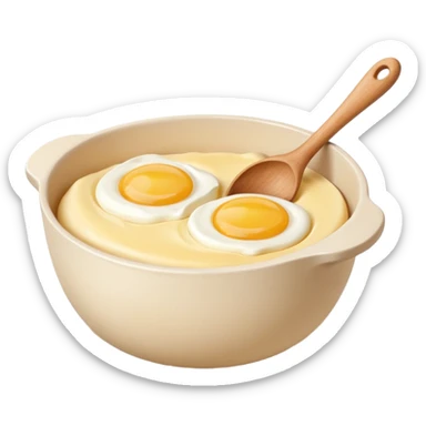A carton of eggs, butter and a cream ceramic baking bowl with a wooden spoon in it sticker