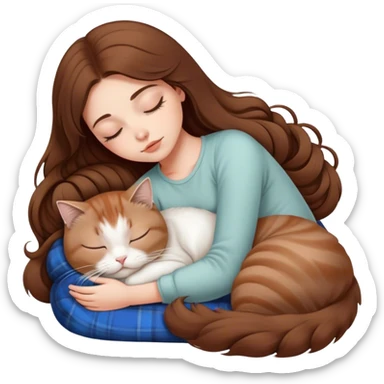 A pretty white girl with very long brown hair and sleeping curled up to a scottish fold white cat  sticker