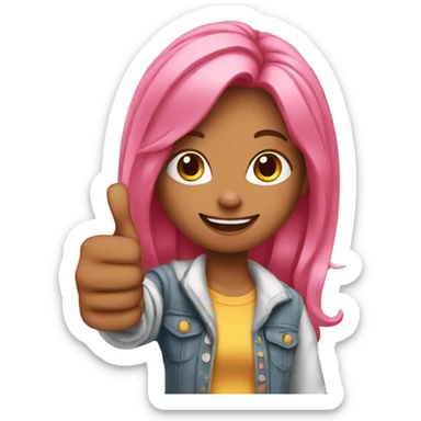 girl with long pink hair shows thumbs up sticker