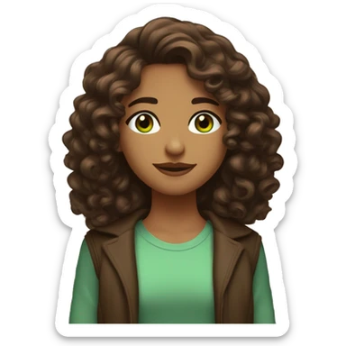 long curly hair brown, brown eyes with a hint of green, eyes positive  canthal tilt ,medium thick shaped eyebrows in dark brown, and medium thin lips, round face shape, soft jawline, full body, american sticker