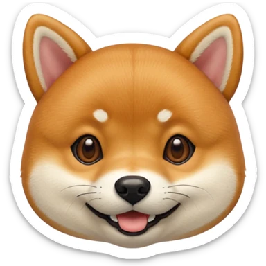 Head of a Shiba Inu dog in Apple emoji style, orange-brown fur with white muzzle and cheeks, round face, big black eyes, perky ears, grinning with closed mouth, no tongue, front-facing, glossy texture, soft shadows
 sticker