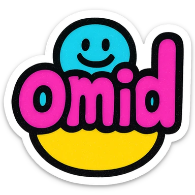 the name 'omid' as a playful icon, rounded shapes, friendly, colorful, suitable for branding sticker