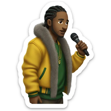 Side profile of a hip hop artist with braids. He has an arm extended down, holding a mic. He's wearing a very dark green jacket. The jacket has a furry yellow mustard collar.  sticker