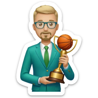 Full Body white male wearing glasses with a goatee with dirty blond very short hair basketball head Coach in blue and green suit holding trophy sticker