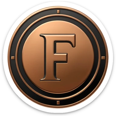 Emoji icon of a black coin with engraved letter F, minimalist style, isolated sticker