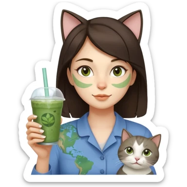 a brunette woman in here 30S drinking an iced matcha, carrying a grey cat and a map of the world sticker