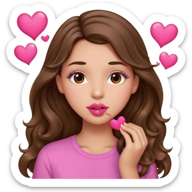 girl with long wavy brown hair, brown eyes, light to medium complexion, in a pink shirt, pink lips, long lashes, puckering up for a kiss, kiss lips and hearts sticker