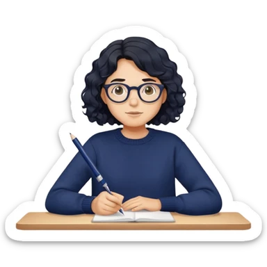 Reliable-looking designer with wavy black hair, round glasses, navy blue sweater, organized, holding pen with competent expression sticker