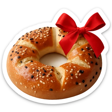 Add a red ribbon on the top right side of the simit. Remove the background so the simit with the ribbon is isolated. sticker