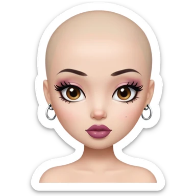 bald, pretty lips, pale tattoed skin,  dark brown eyes, pretty bratz baddie, black eyeliner sticker