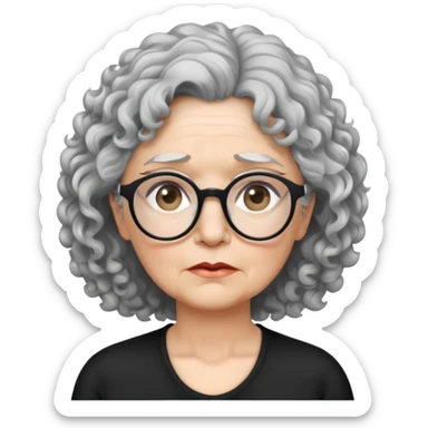 bà lão 60 tuổi, da trắng, đeo kính màu đen, tóc ngắn, xoăn, màu bạc, mặt buồn, áo màu đen, nửa thân trên sticker