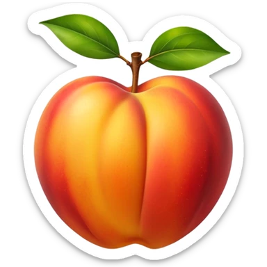 whole nectarine, ripe, smooth glossy skin, red, orange, golden yellow gradients, round, slightly heart-shaped, no fuzz, natural highlight, optional green leaf at stem, subtle mottling, no blemishes, 3D, clean, minimal, soft shadows, transparent background, emoji scale sticker