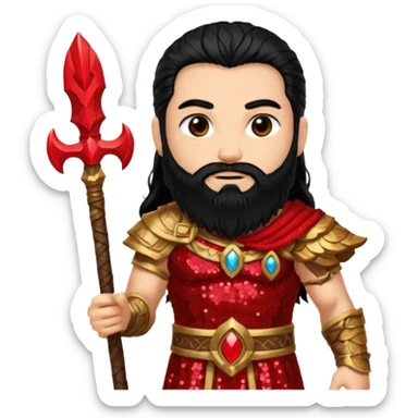 Mars, God of War from Gods and Goddesses with long black hair and beard, red and black sequin outfit, light tan skin sticker