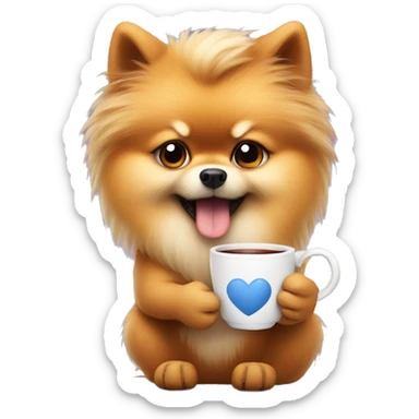 angry pomeranian holding a cup of tea i his paw sticker