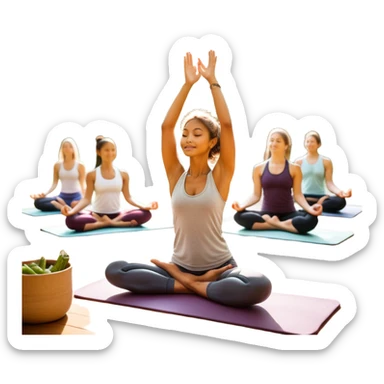 A person moves through a gentle yoga pose in the morning sun, one hand reaching up, the other near a plate of vibrant whole foods and a bottle of water. A cozy bed sits behind them, glowing softly. Nearby, a small group of friends laughs together under a tree—health, movement, nourishment, rest,  sticker