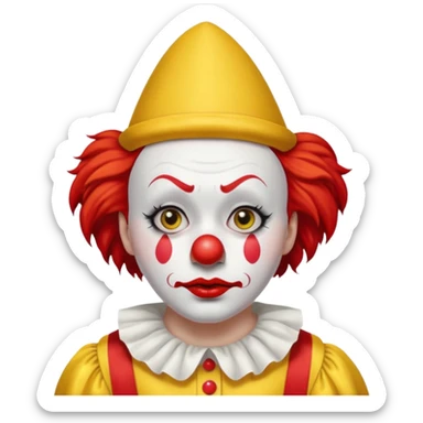 Yellow pointed hat with a red tip.

Red hair sticking out on the sides.

White face paint with black eyebrows, red nose, and red lips.

Wearing a yellow clown costume with red buttons.

Sad, concerned expression. sticker