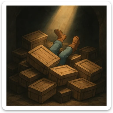 A pile of small oblong crates hidden in a dark area with a beam of light shining from above, with someone’s boots sticking out like they dove in sticker