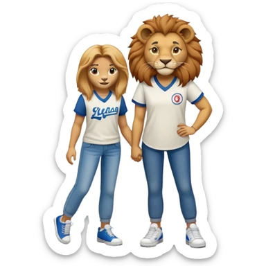 confident anthropomorphised female lion wearing a baseball shirt, jeans, and trainers, showing comfort and support to another character sticker