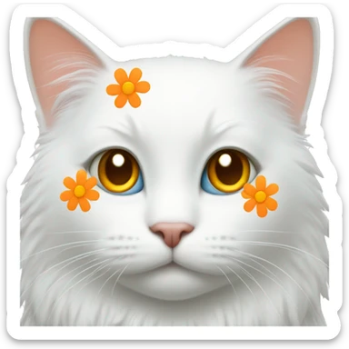 white cat with orange patches wearing a daisy sticker