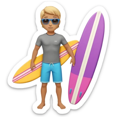 cute male surfer riding a wave, wearing shorts, sunglasses, holding balance, colorful surfboard, 3D cartoon, mobile game icon, clean background, no text sticker