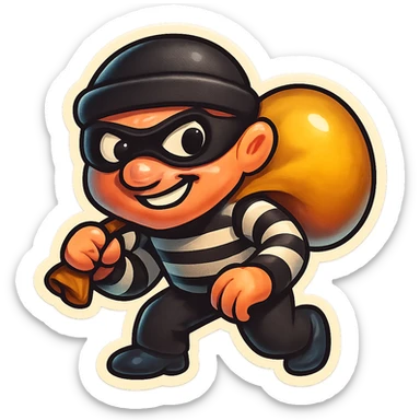 thief emoji in a striped black and white suit, holding a sack, mischievous look sticker