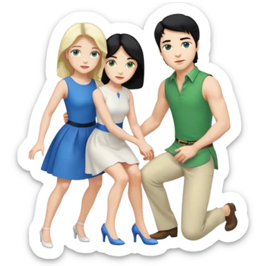 2 Person, prince, upright, black Hair, blue eyes, whole body, Woman, blonde Hair, Green eyes, bending knee, sleveless White Dress, sticker