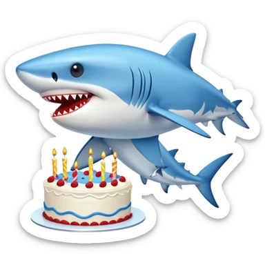blue shark with puckered lips directly kissing a birthday cake, clear kissing action sticker