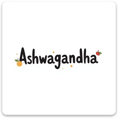 The word "Ashwagandha" hand-drawn in white text with a dark background and just a few colorful accents. Simple doodle style with minimal decoration. sticker