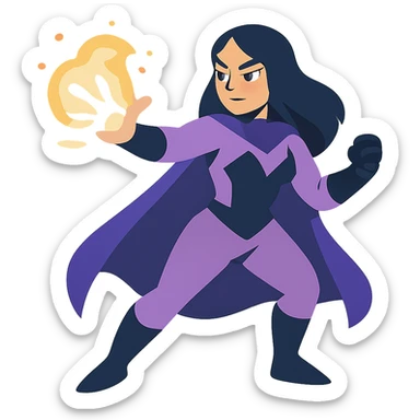woman superhero in a soft purple and black suit, casting magic from her hand sticker