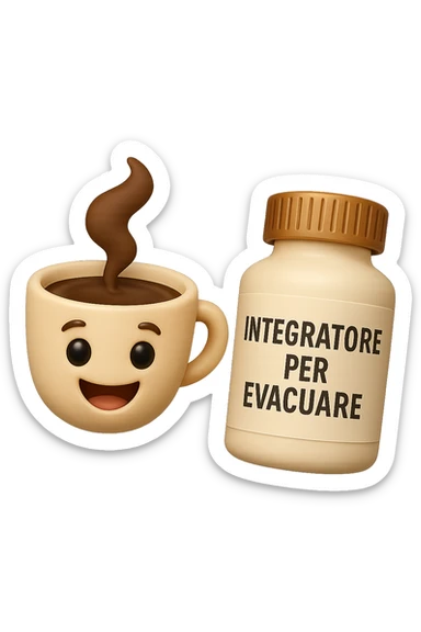 EMOJI STILE IPHONE 3D DI un caffè e di una boccetta di integratore con la scritta "INTEGRATORE PER EVACUARE" SULL'ETICHETTA CHE FLUTTUANO IN ARIA, iperrealistico 4k sticker