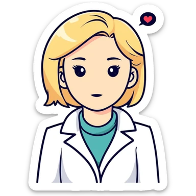 A blonde kinesiologist woman with a thinking face, wearing a white coat, considering therapy options sticker