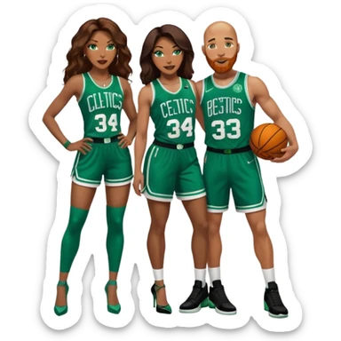 A 48-year-old black woman with brown eyes, long dark brown balayage hair dressed in sexy 
celtics jersey costume outfit and stilettos with bald white man with ginger beard, and blue eyes, and a Jason Tatum Boston Celtics Jersey  sticker