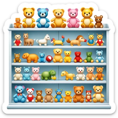 Icon for Toy Collecting: a collection of various vintage toys such as dolls, action figures, and plush animals, displayed neatly on shelves or in display cases. The icon should evoke the joy and nostalgia of collecting toys. Transparent background. sticker