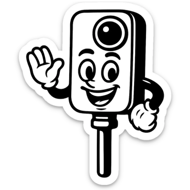 Remove the background, keep the smiling simple and bold cartoon Insta360 camera on a stick character, transparent background, maintaining a simple and bold cartoon style. sticker