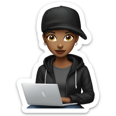 pretty african american girl with black baseball hat and black sweatshirt hoodie pixie cut with laptop sticker