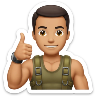 Create me emojis for commando, with Helmet and theme from that move, including arnold. For example commando thumbs up sticker