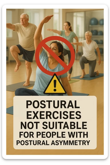 cinematic vertical medical illustration of a group postural exercise class in a bright studio, several adults of different ages and body types performing classic postural exercises like stretching and balance poses on yoga mats, large red prohibition symbol and warning sign in foreground indicating general postural exercises not suitable for people with postural asymmetry, softly blurred background with mirrors and exercise equipment, natural soft lighting, clear educational mood sticker