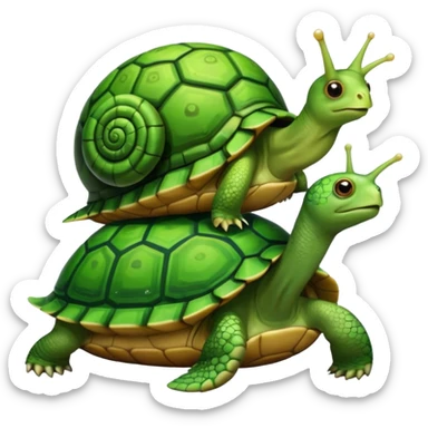 A snail is perched on the back of a turtle. sticker