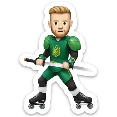 Connor McGregor in Rollerblades holding a sword sticker