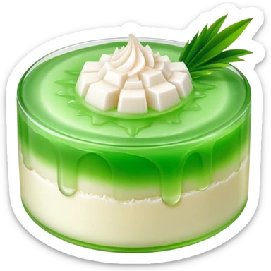 Cinematic Realistic Coconut Pandan Jelly Dessert Emoji, showcasing a delicate, translucent jelly infused with coconut and pandan rendered with lifelike detail and soft, tropical lighting. sticker