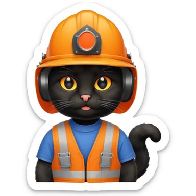 black cat, handyman Outfit, wearing a Helmet sticker
