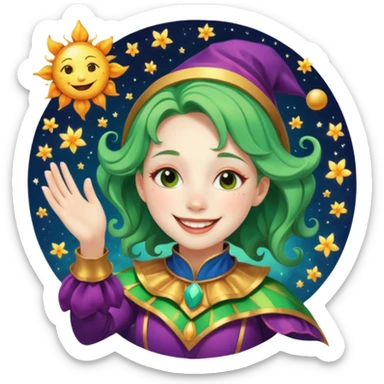 genra imagen de una chica eterea( casi irreal )con cara de sol, sonriendote, bufon, flotando en el espacio sticker