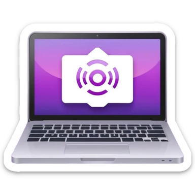 Minimal purple icon: a glowing laptop with a book icon on its screen and a Wi-Fi signal above. Flat style, gradient. sticker