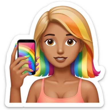 A person holding a phone with rainbow nails sticker