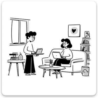 escenary 3d of a cozy mid-century living room with two people working on laptops, one man standing at a desk and one woman sitting on a couch, two walls and floor visible sticker