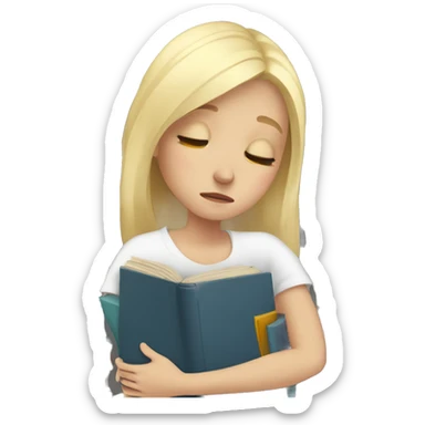 White blonde girl hugging pile of books while crying sticker